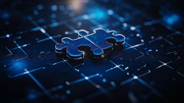 A deep perspective shot of puzzle pieces locking together in a virtual blue cyberspace, showcasing the harmony of software integration.