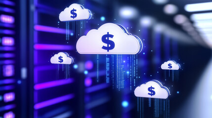 An abstract, modern cloud computing visual with floating dollar signs connected to virtualized servers, representing dynamic pay-as-you-go pricing models.