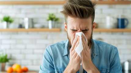 A man sneezes into a napkin at home, battling spring allergies with cat dander nearby, feeling the seasonal struggle grow.