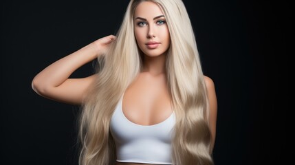 Naklejka premium A striking portrait of a goldenhaired beauty showcasing her long, luscious locks and radiant smile.