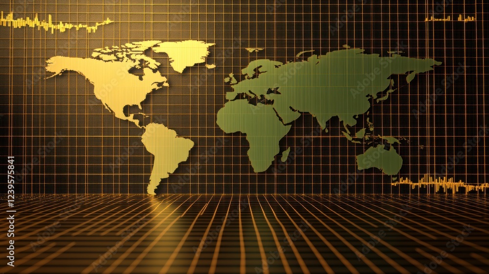 Poster global market analysis with world map and stock chart visualization