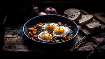 Rustic breakfast with eggs and vegetables in cozy kitchen setting