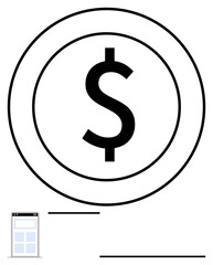 Dollar sign in concentric circles paired with a minimal mobile app interface element. Ideal for finance, mobile banking, digital transactions, fintech, savings, economic concepts, abstract line flat