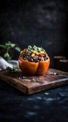 Delicious quinoa and vegetable stuffed bell pepper on rustic wooden board