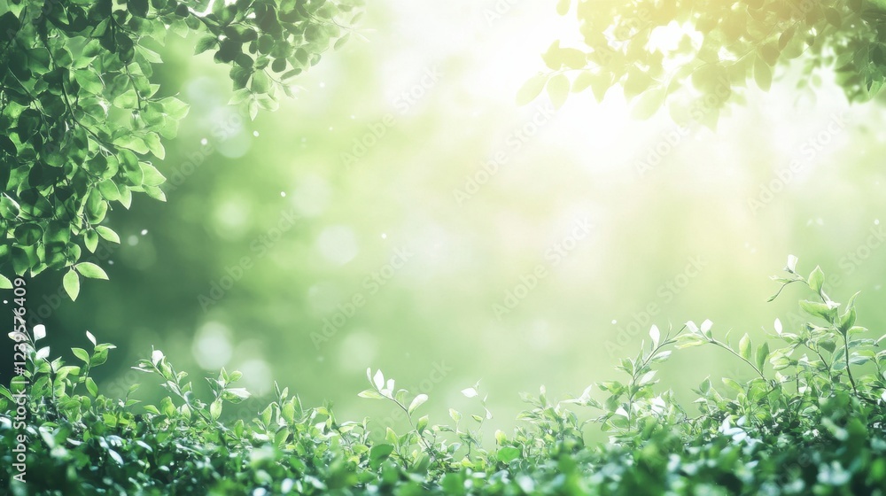 Poster lush green foliage illuminated by soft sunlight in a tranquil natural setting. generative ai