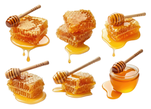 Fresh honeycomb pieces with wooden honey dippers, dripping