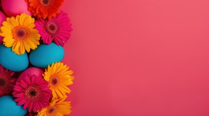 Obraz premium Vibrant banner featuring colorful eggs and blooms, perfect for an Easterthemed backdrop with ample copy space.