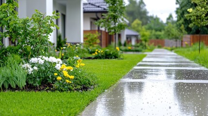 Obraz premium Rainy day, suburban pathway, blooming flowers, modern homes
