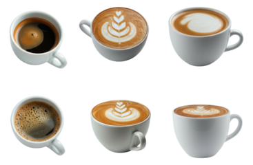 Various types of coffee in white cups, showcasing different brewing methods and latte art