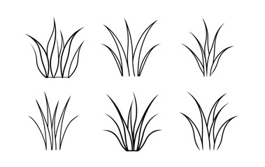 A collection of six stylized, black line art illustrations of grass tufts.