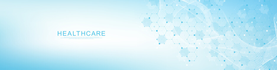 Modern health care or medical background design. Health care innovation concept. Horizontal header web banner. Abstract geometric background with hexagon shapes for medicine, science, chemistry.