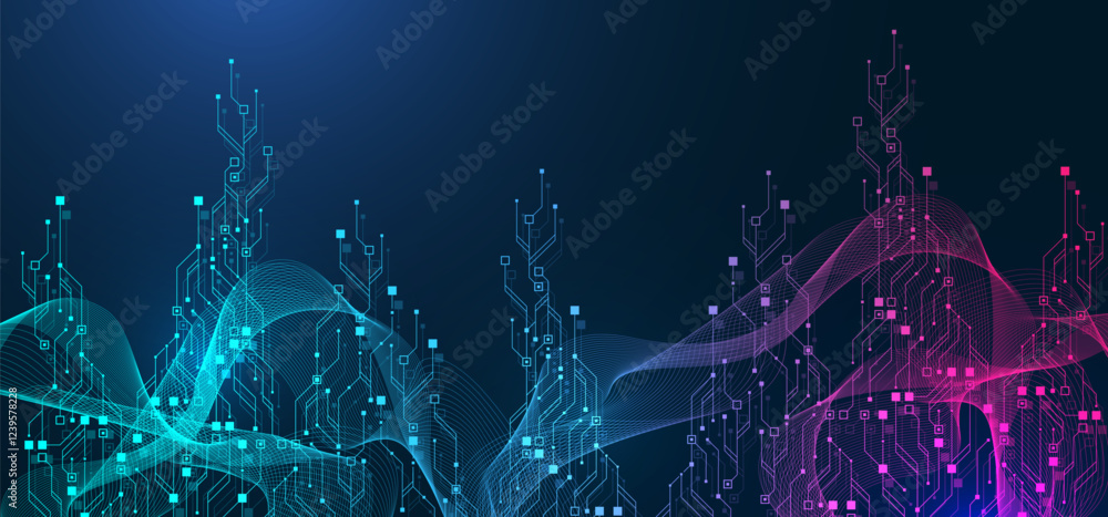 Aufkleber Artificial Intelligence or machine learning vector design. Quantum computer technology concept with circuit board and motherboard texture background design. Waves flow quantum explosion