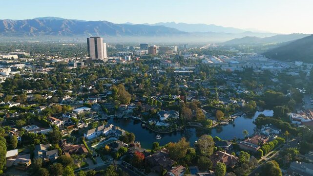 Aerial View of Toluca Lake and Burbank Skyline in Los Angeles California 3 February 2025