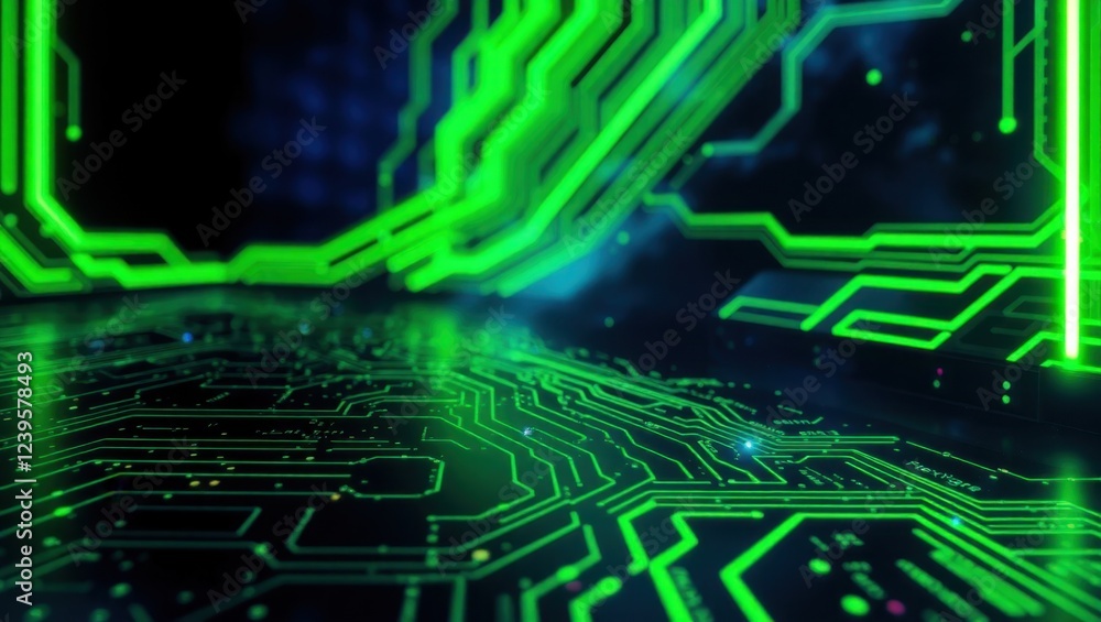 Poster vibrant green circuit patterns illuminate a futuristic space, highlighting intricate digital connect