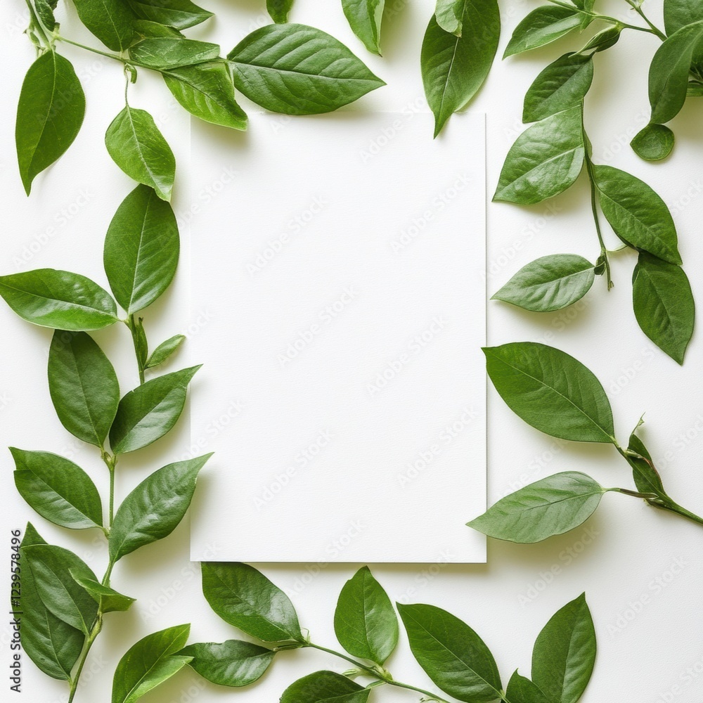 Poster fresh green leaves surround a blank page on a white background for creative design inspiration and n