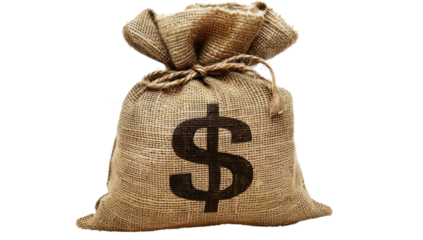 A burlap sack tied with a rope, featuring a bold dollar sign, isolated on a transparent background. Symbolizing wealth, savings, financial success, and the economy. Cut out or PNG.
