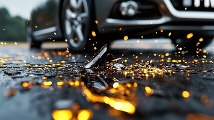 Front detail of a damaged car with a TIR truck's logo faintly visible on its grille, tire marks and oil spills on the road, intense accident focus