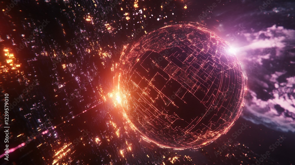 Poster abstract glowing sphere with digital grid in deep space with glowing particle fields