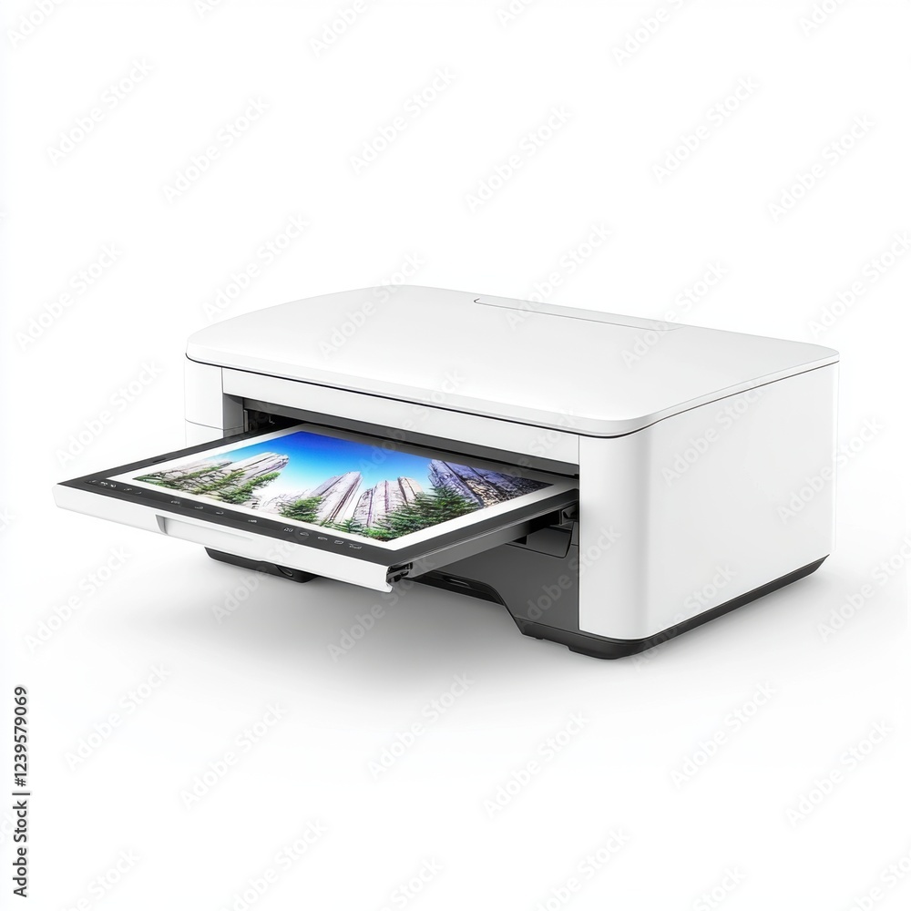 Poster modern all-in-one printer with paper output and colorful landscape print preview on white background
