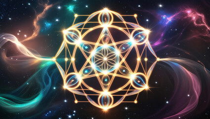 A luminous, intricate glowing sacred geometry composition featuring the Flower of Life, Metatron's Cube, and Merkaba