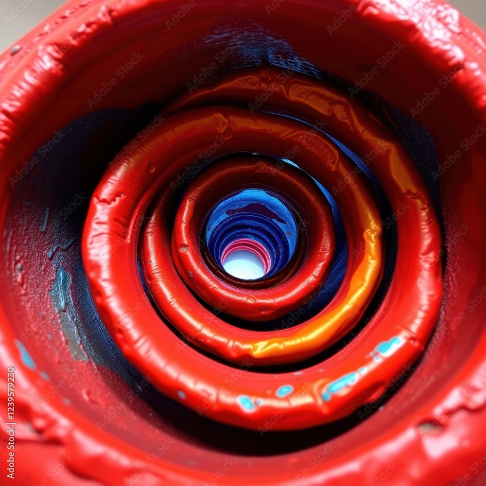 Poster swirling colors create a mesmerizing spiral of red and blue tones in an artistic display of paint in