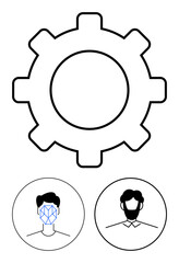 Large gear at the top and two minimalistic human faces below, one with a facial recognition grid overlay. Ideal for AI, technology, biometrics, innovation, cybersecurity, automation, abstract line