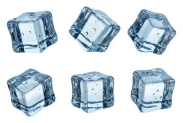 Six clear ice cubes shown against transparent background, emphasizing purity and refreshment