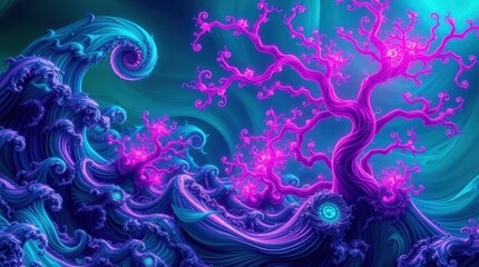 Vibrant waves dance around a mystical tree in a dreamlike landscape at twilight, showcasing nature's enchanting beauty and surreal artistry