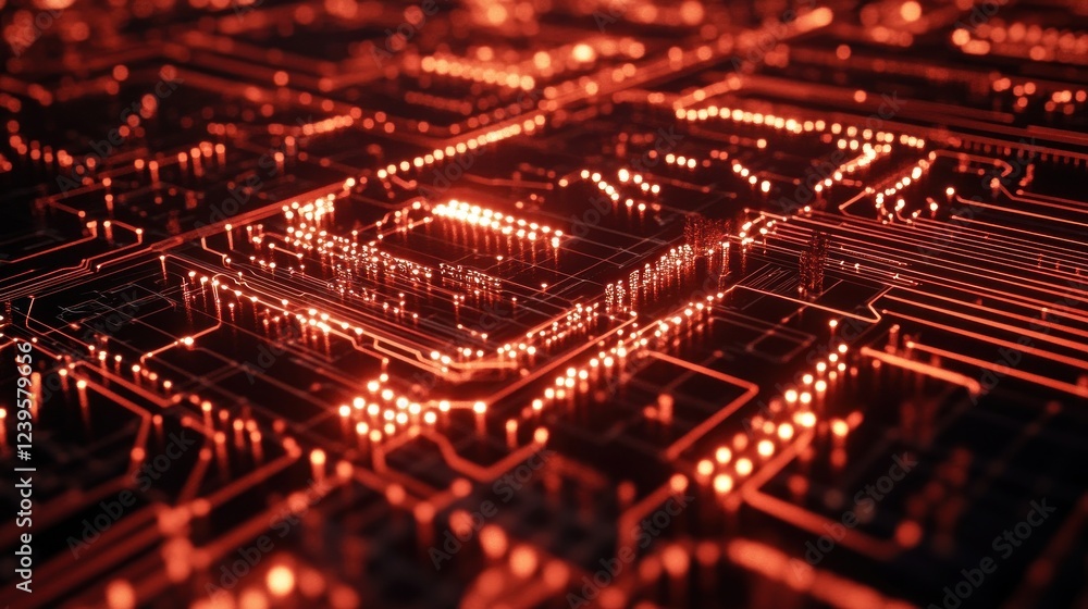 Poster intricate glowing red circuitry pattern resembling a technological network