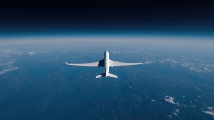 Naklejka premium Airplane flying above Earth, mountains below, travel concept