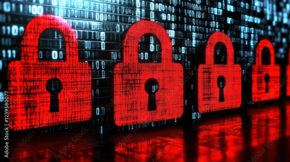 Poster digital security with red padlocks and binary code on dark background