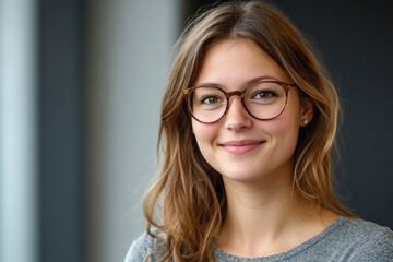 Obraz premium Smiling young woman with glasses in a cozy indoor setting during daytime. Generative AI