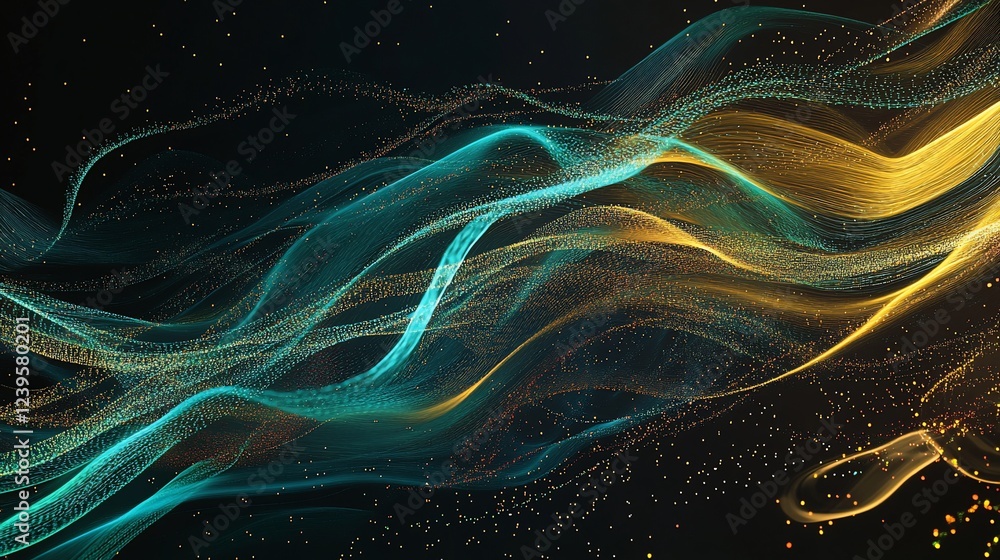 Poster elegant abstract background with flowing golden and turquoise lines and particles