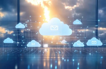 A digital cityscape with interconnected nodes representing various cloud services, symbolizing the complex network of modern technology and web protection in business Generative AI