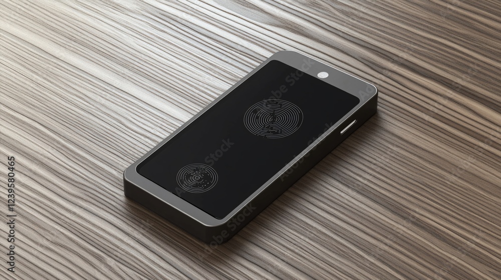 Poster modern fingerprint scanner device on wood surface for security access control