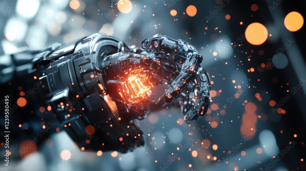 Poster complex robotic arm generating a powerful energy source, sparking innovation in a futuristic industr