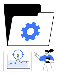 File folder with gear icon, chart with target marker, graph analysis, and professional pointing. Ideal for data management, organization, process optimization, business strategy, education teamwork