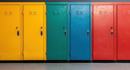 Row of colorful metal lockers in a school hallway