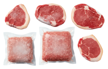 Varied cuts of raw beef steaks and ground beef, some vacuum-sealed, against transparent background