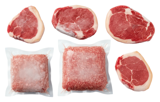 Varied cuts of raw beef steaks and ground beef, some vacuum-sealed, against transparent background