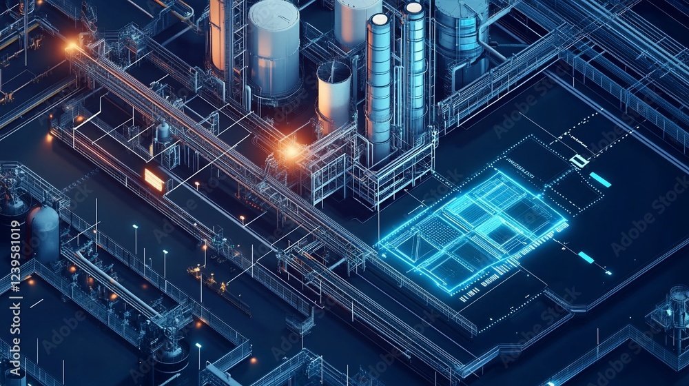 Poster isometric view of a complex industrial facility with data visualization overlay