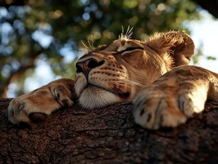 Naklejka premium Lion cub sleeping peacefully on a tree branch