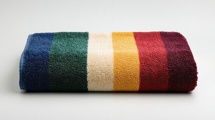 Folded multicolored striped bath towel on white background