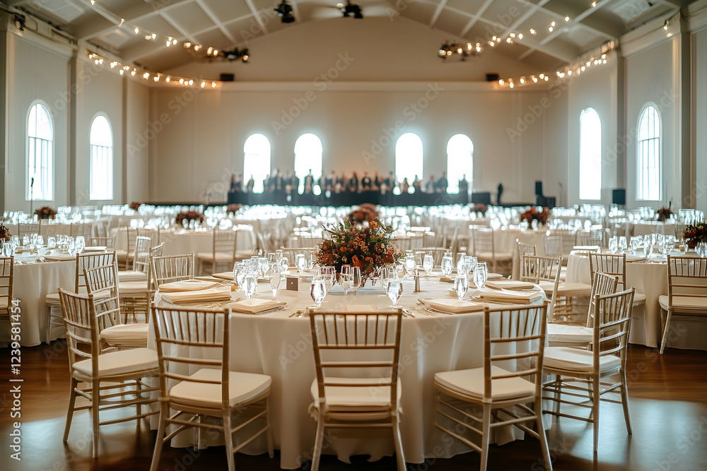 Poster a large banquet hall with tables and chairs set up for a formal event