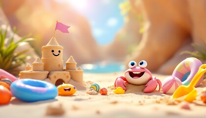 Obraz premium Playful Crab and Sandcastle at the Beach