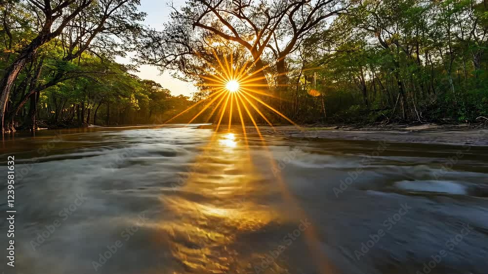 Poster serene riverside view at sunset with sun rays sparkling across the water and trees in the background