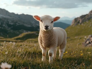 Fototapeta premium Cute lamb in a mountain meadow