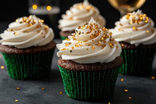 Delicious chocolate cupcakes with creamy frosting and gold sprinkles