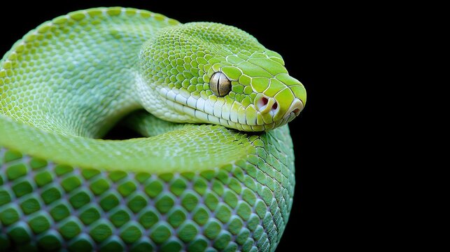 Green tree python coiled, black background, wildlife photography, nature documentary