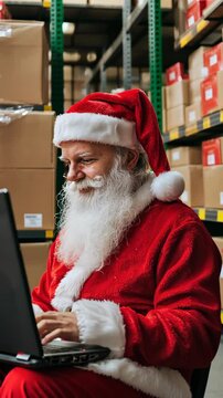 Santa Claus working at a warehouse during the holiday season, preparing gifts for children around the world